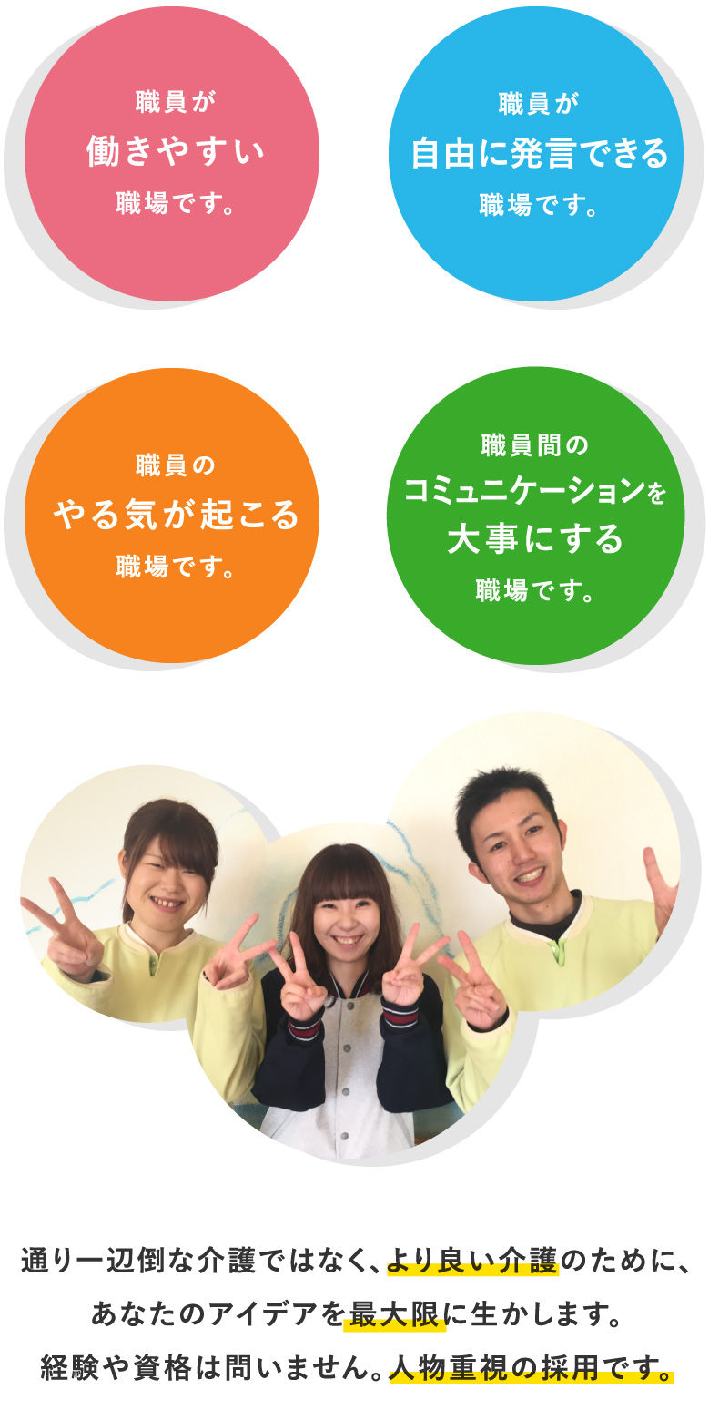 通り一辺倒な介護ではなく、より良い介護のために、あなたのアイデアを最大限に生かします。経験や資格は問いません。人物重視の採用です。